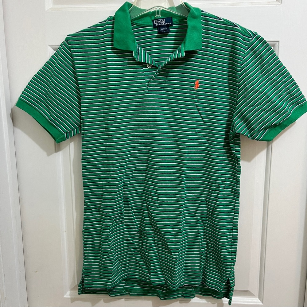 POLO RALPH LAUREN Top Boys XL(20) green, navy/white striped short sleeve cotton